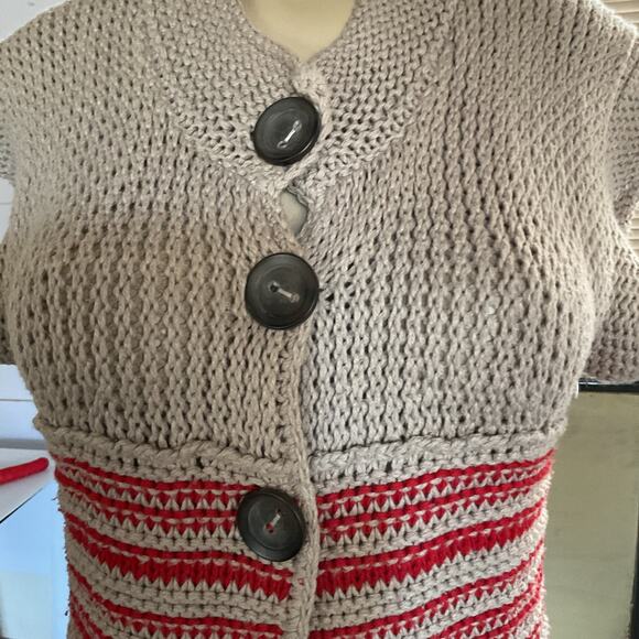 Free People Long Knit Sweater Vest Cardigan – Button Front Red Beige Striped S - Picture 5 of 7